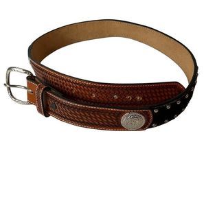 Leather belt women's western‎ black cowhide silver genuine leather belt sz 28